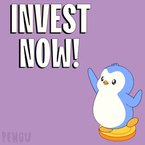 a penguin standing on top of a pile of gold coins with the words invest now