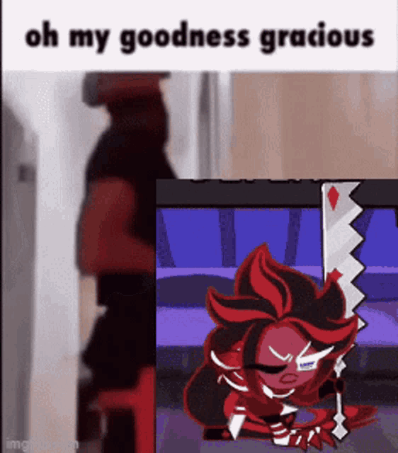 a man is standing in a doorway next to a picture of a cookie run character holding a knife .