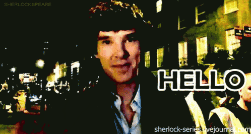 a sherlock speare poster with a man waving and the words hello on the bottom