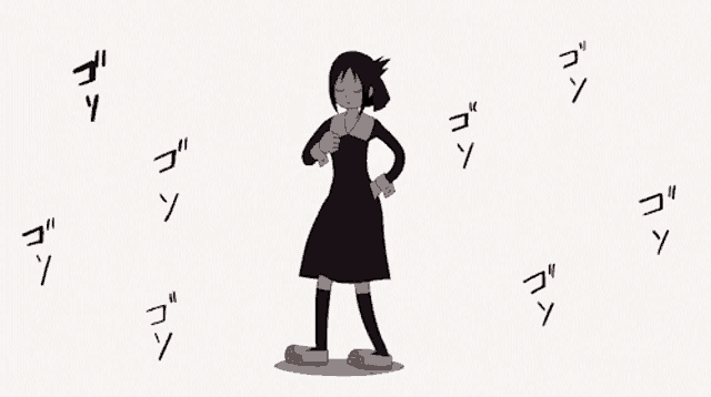 a girl in a black dress is dancing in a cartoon surrounded by foreign writing