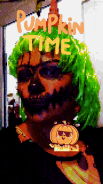 a picture of a woman with green hair and the words pumpkin time written above her