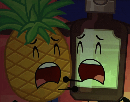 a cartoon drawing of a pineapple and a bottle with faces