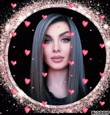 a woman 's face is surrounded by pink hearts and says bloggif