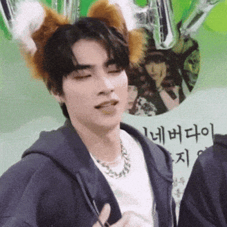a close up of a person wearing a fox ear costume .