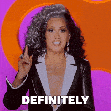 a woman in a tuxedo says " definitely " in white letters