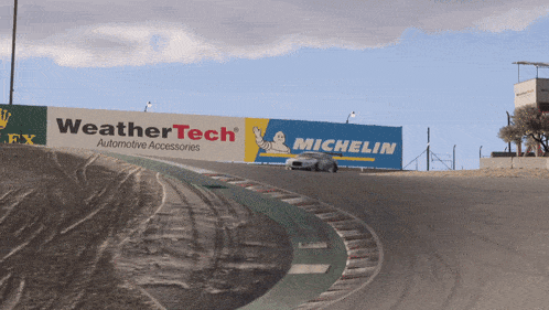 a car is driving down a track with a weathertech and michelin banner
