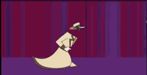a cartoon character is dancing on a stage with a purple curtain behind him .