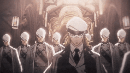 a group of men are standing in a line with one wearing a mask
