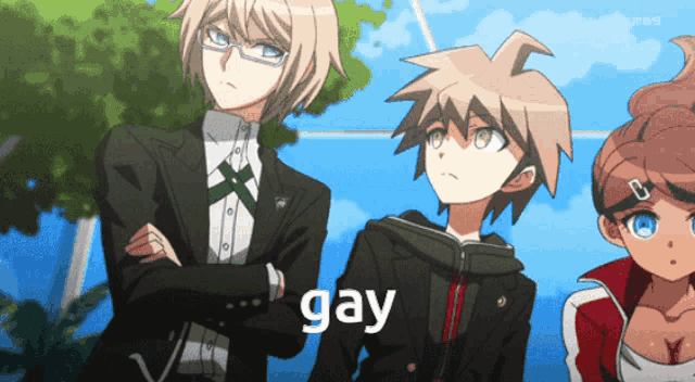 a group of anime characters are standing next to each other and the word gay is on the bottom
