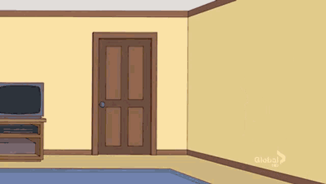 a cartoon of a room with a tv and a door that says global tv