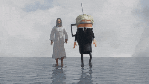a cartoon of jesus and a cartoon of donald trump standing in the water