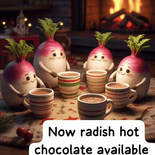 a group of radishes are sitting around a table with cups of hot chocolate