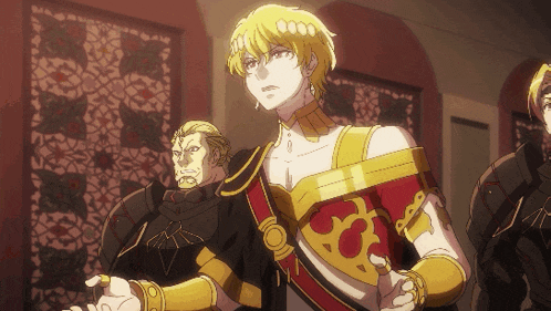 a man in a red and gold outfit with a crown on his head