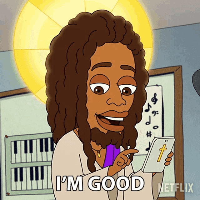 a cartoon of jesus says i 'm good while holding a cell phone