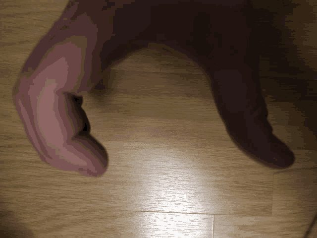a close up of a person 's hand on a wood floor