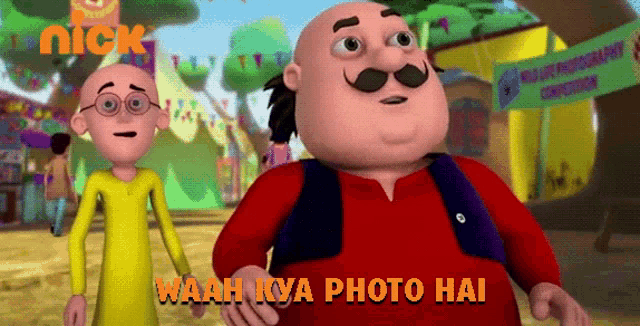 two cartoon characters are standing next to each other with the words waah iya photo hai written on the bottom