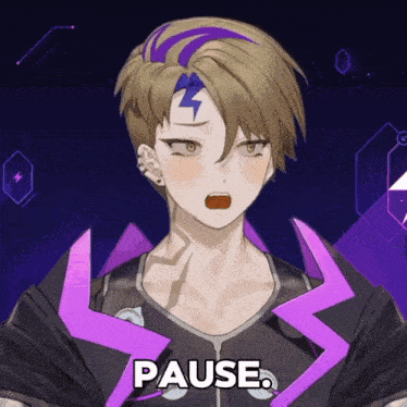 a person with purple hair and a pause sign