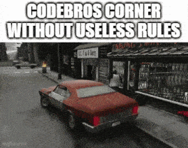 a car is driving down a street in front of a store called codebros corner without useless rules .
