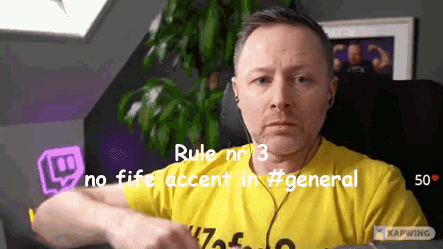 a man in a yellow shirt says rule nr 3