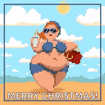 a pixel art illustration of a woman in a bikini on the beach