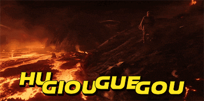 a poster of a man walking through a volcano with the words hu giouguegou in yellow