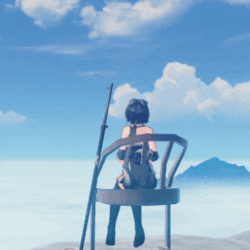 a woman is sitting in a chair with a sword