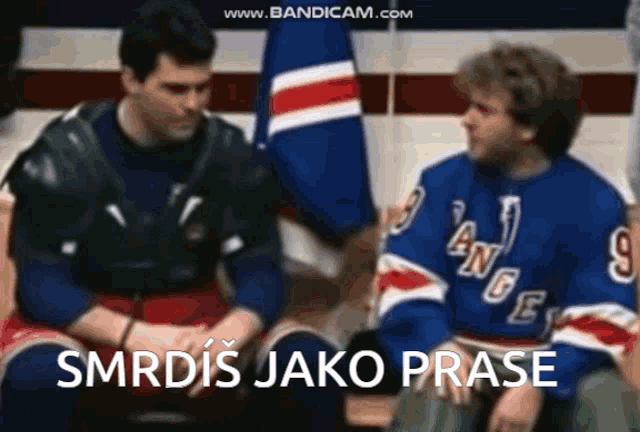 two hockey players are sitting next to each other with the words smrdis jako prase written on the bottom