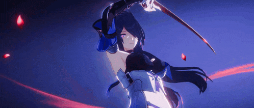 a girl with long black hair is holding a sword in a dark room .
