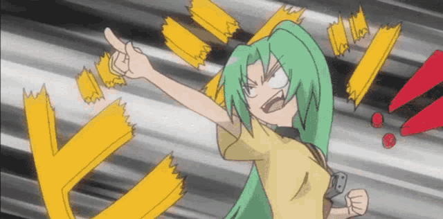 a girl with green hair is holding a remote control and pointing
