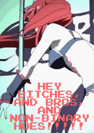 a picture of a girl with red hair says hey bitches and bros and non-binary hoes !!!