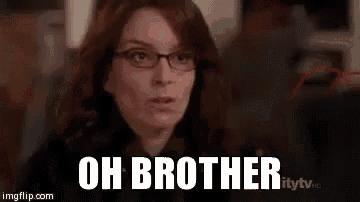 a woman wearing glasses is saying `` oh brother '' in a crowded room .