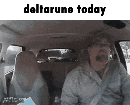 a man is sitting in a car with the words deltarune today written above him