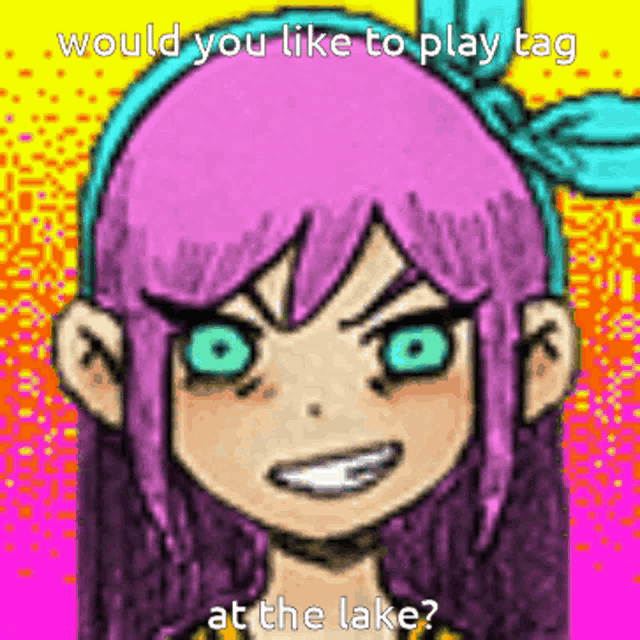 a cartoon of a girl with pink hair and green eyes asking if you would like to play tag at the lake .