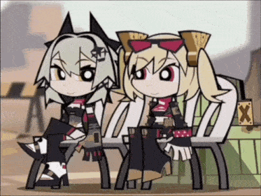 a cartoon of two girls sitting on a bench with a box that says ' x ' on it