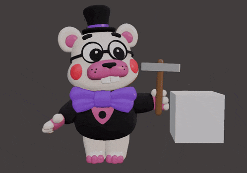 a stuffed animal holding a hammer next to a white cube