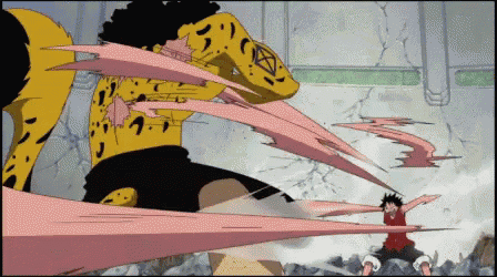 a man in a red shirt is fighting a leopard