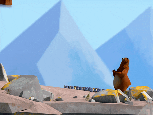 a cartoon bear is standing on a rocky hillside with penguins in the background