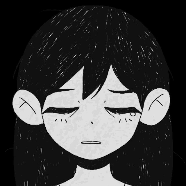 a black and white drawing of a girl with a sad expression on her face