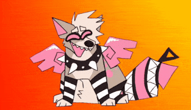 a cartoon drawing of a dog with pink wings and a pink tail
