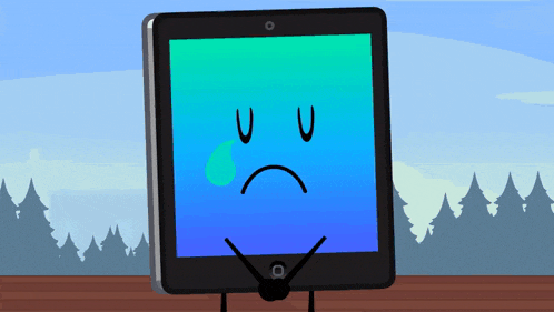 a tablet with a sad face and a tear coming out of it