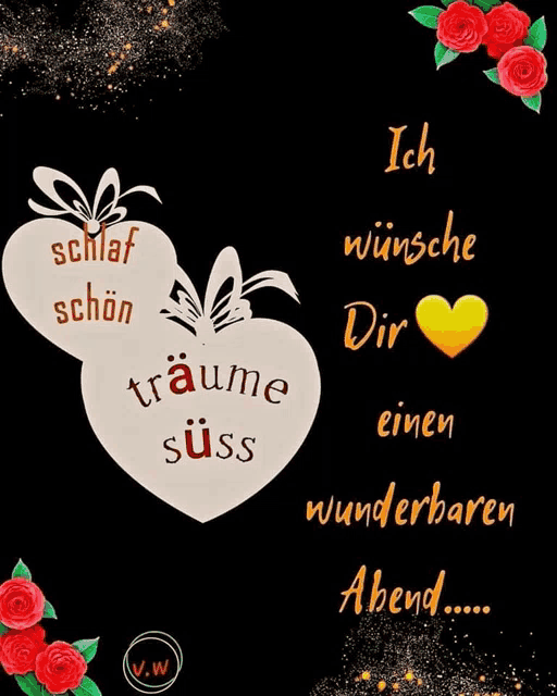 a black background with two hearts and the words ich wünsche dir einen wunderbaren abend written on it