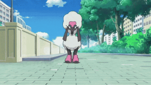 a cartoon sheep is walking down a sidewalk