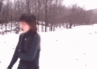 a person is walking in the snow with trees in the background