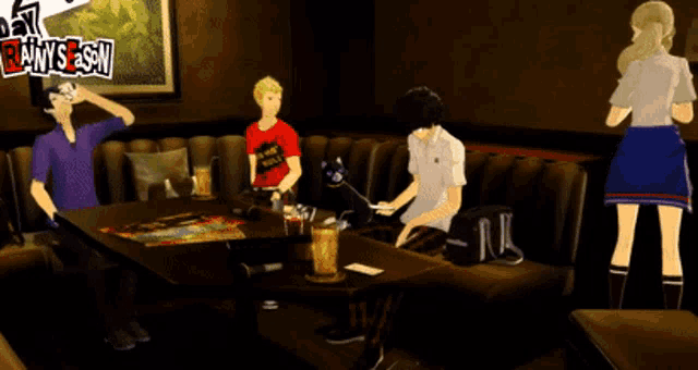a group of people are sitting around a table in a room with a sign that says rainy seshi