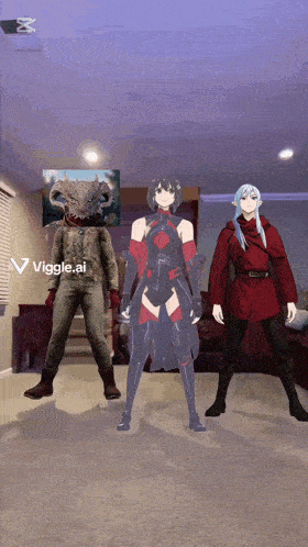 a group of anime characters are standing in a living room with the name viggle.ai on the bottom