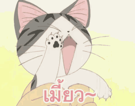 a cartoon cat is being held in someone 's hands with a foreign language on the bottom right