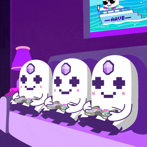 a group of ghosts are sitting on a couch playing video games with a boat in the background that says " have "
