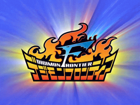 a logo for digimon frontier with flames and a blue background