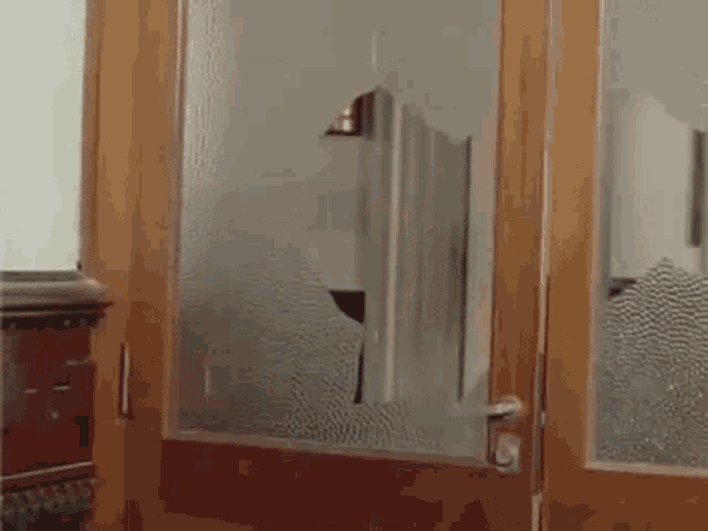 a broken glass door in a room with a wooden door and a glass door .