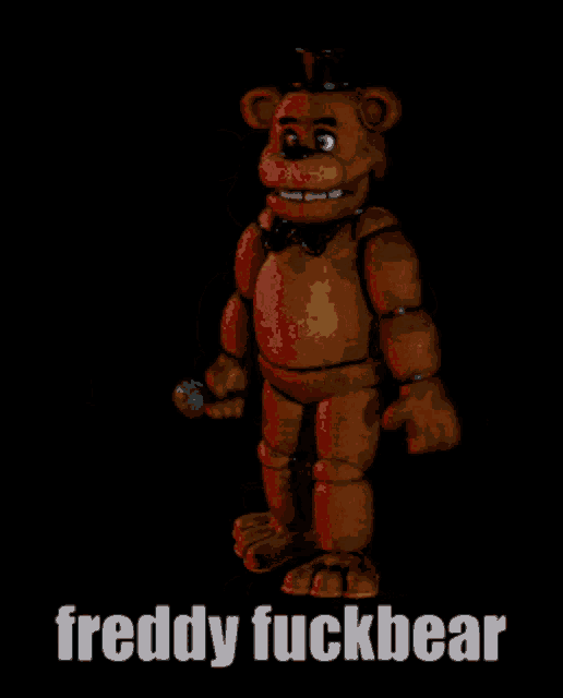 a freddy bear holding a microphone with the words freddy fuckbear below it